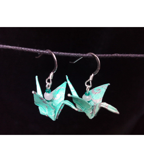 Aqua-green origami cranes Earrings. Silver.