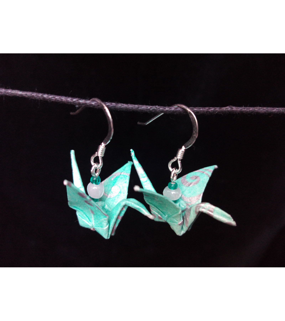 Pendientes grullas origami verde agua en plata