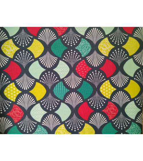 Oxford japanese fabric with colorful fans over grayish green