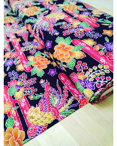 Japanese fabric. Bingata phoenix over black.