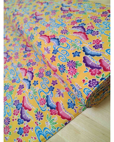 Japanese fabric. Bingata floral print over yellow.