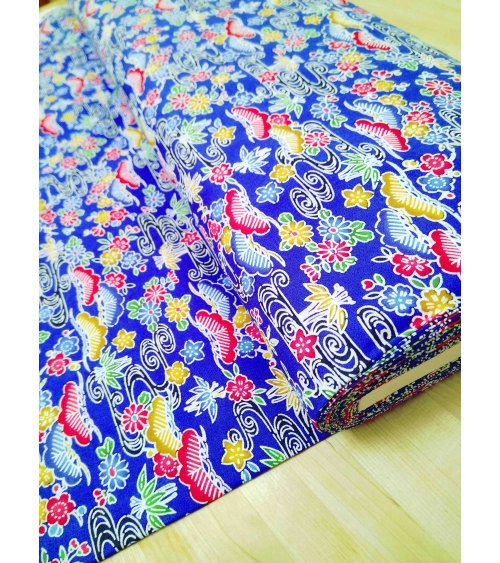 Japanese fabric. Bingata floral print over royal blue.