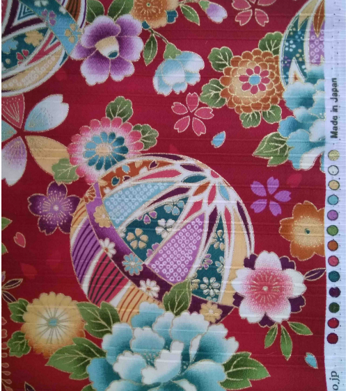 Satin fabric with temari over carmine red background
