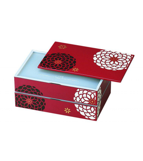 Bento box (lunch box) flores blancas y negras sobre fondo rojo