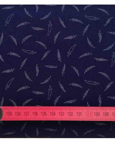 Japanese cotton fabric. Little chili peppers over indigo blue