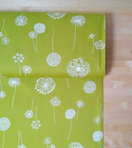 Light oxford Japanese fabric. Dandelion pattern over green.