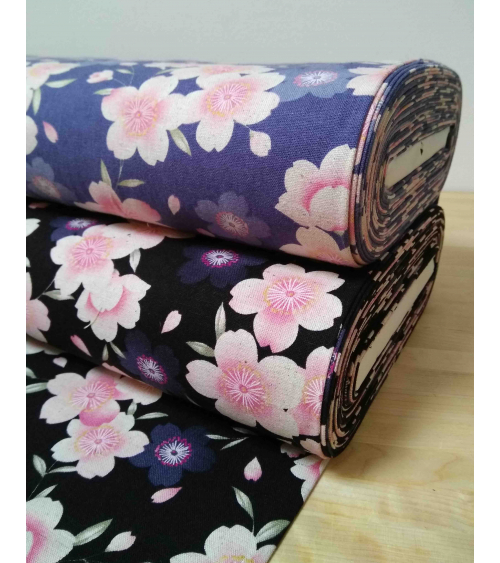 Japanese fabric. Sakura flowers over lavender background