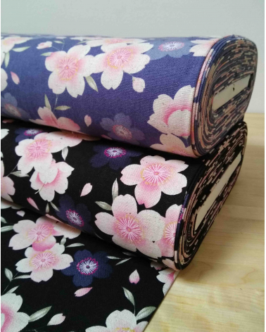 Japanese fabric. Sakura flowers over lavender background