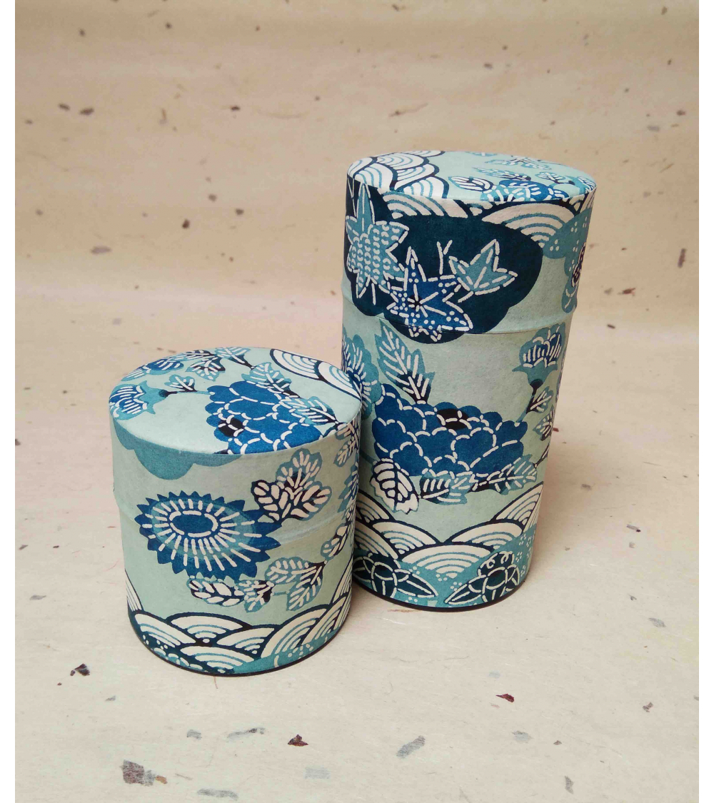Aoi tea caddy covered in katazome Japanese paper.