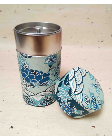 Aoi tea caddy covered in katazome Japanese paper.