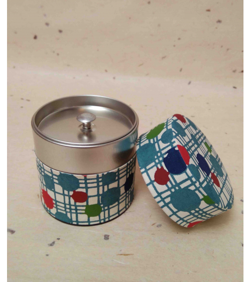 Circles tea caddy covered in katazome Japanese paper.