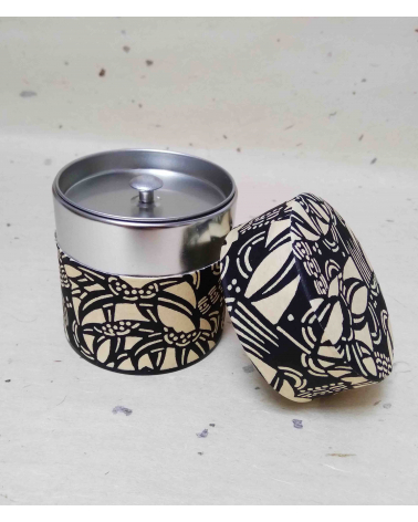 Graphic tea caddy covered in katazome Japanese paper.