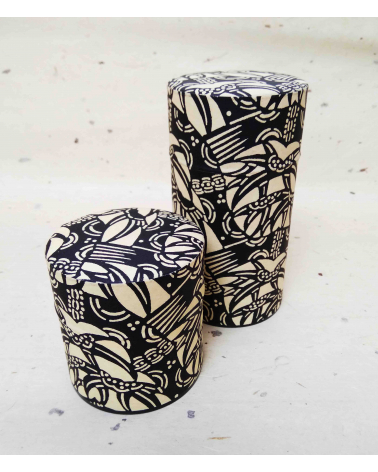Graphic tea caddy covered in katazome Japanese paper.