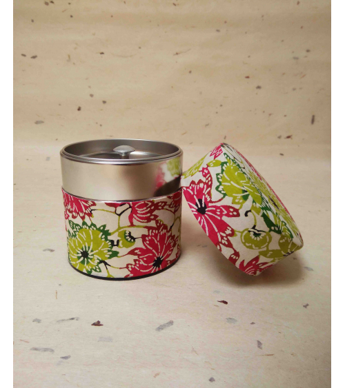 'Flowers' tea caddy covered in katazome Japanese paper.