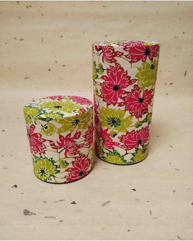 'Flowers' tea caddy covered in katazome Japanese paper.