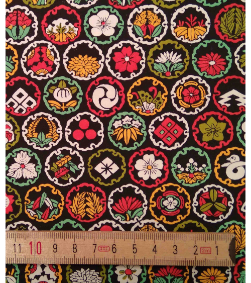 Chiyogami paper. Colorful family crests over black