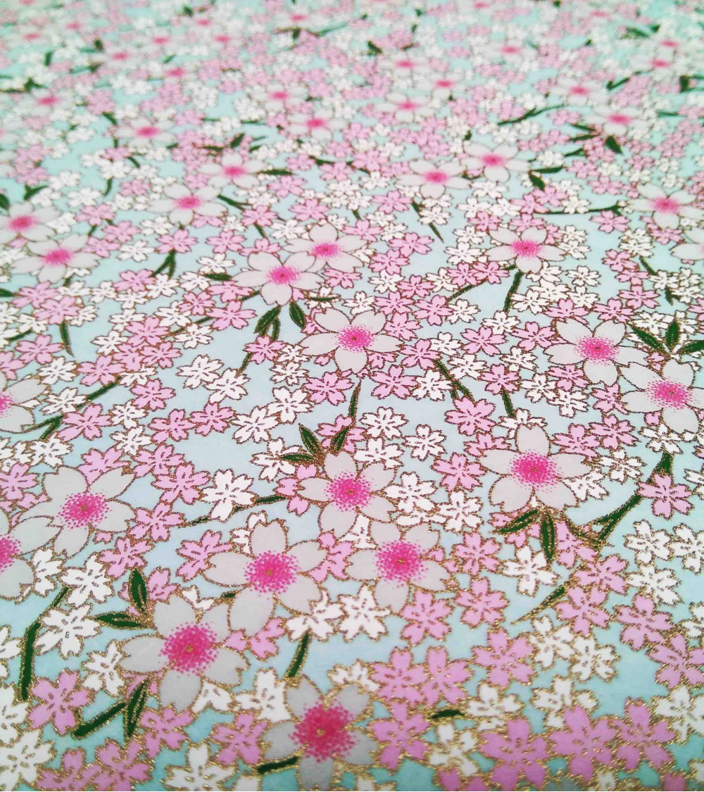 Chiyogami paper pink sakura over pale blue