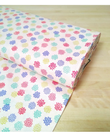 Japanese cotton fabric. Colorful Dahlias over beige.