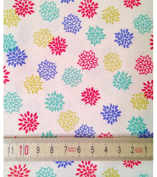 Japanese cotton fabric. Colorful Dahlias over beige.