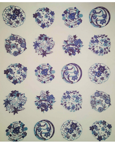 Papel Katazome con motivos de flores en azules