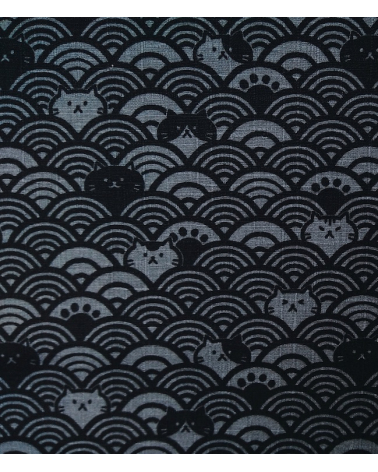 Japanese dobby fabric. Cats and seigaiha Grey.