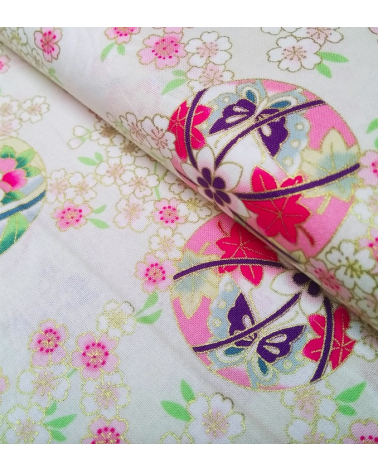 Japanese fabric. Sakura and temari over ivory.
