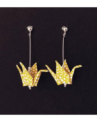 Yellow polka dots origami cranes Earrings. Silver.
