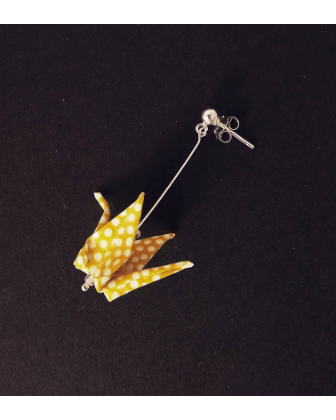 Yellow polka dots origami cranes Earrings. Silver.