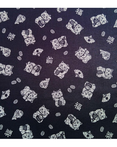 Japanese cotton fabric. Maneki Neko over indigo blue