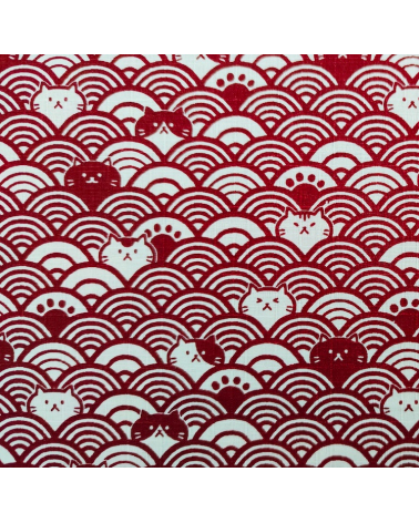 Japanese dobby fabric. Cats and seigaiha Maroon over Ivory.