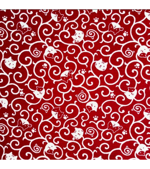 Japanese dobby fabric. Neko Karakusa in red.