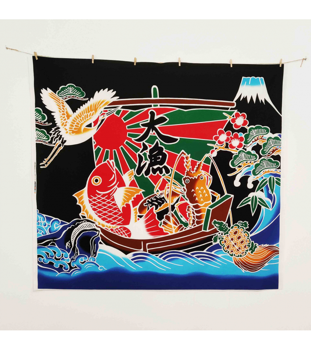 Bandera de pescadores japonesa "Buena Pesca" (Tairyou-bata) en negro.