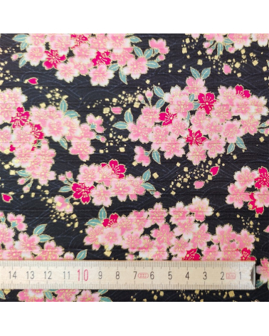 Tela japonesa en Satin de algodón "Sakuras" negro.
