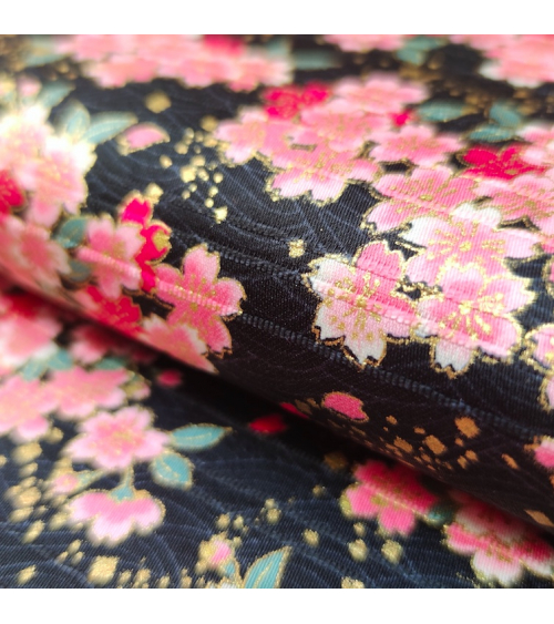Japanese satin cotton fabric "Sakuras" black.