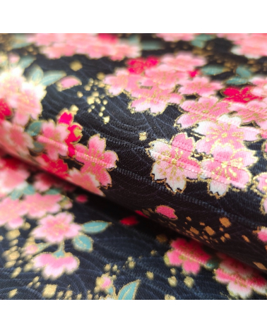 Tela japonesa en Satin de algodón "Sakuras" negro.