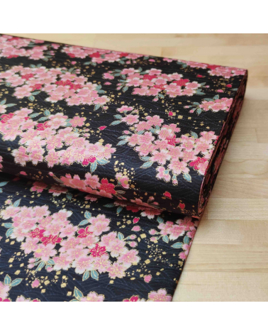 Japanese satin cotton fabric "Sakuras" black.