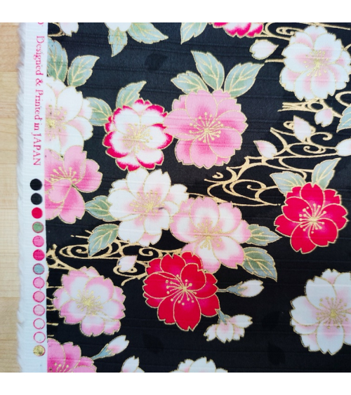Tela japonesa en Satin de algodón "Sakura doble" negro.