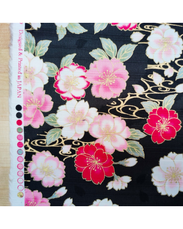 Tela japonesa en Satin de algodón "Sakura doble" negro.