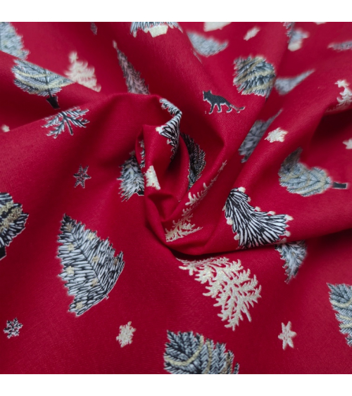 Japanese Christmas fabric with firs in red.