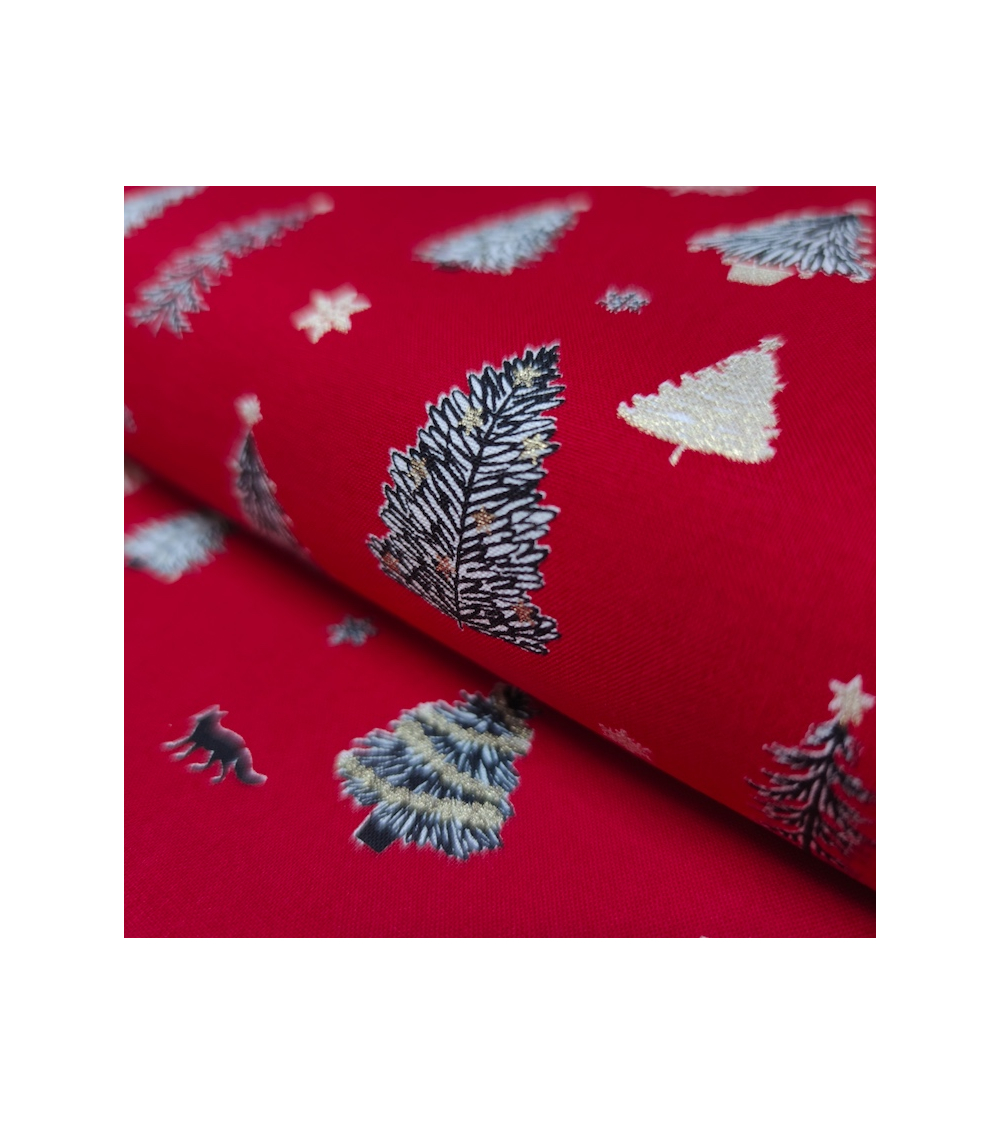 Japanese Christmas fabric with firs in red.