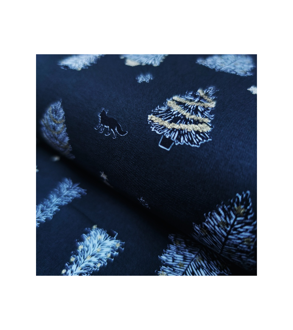 Japanese Christmas fabric with firs in black.