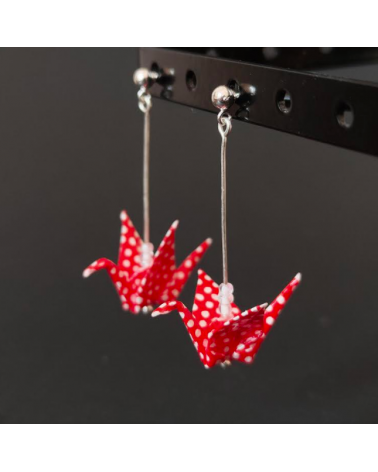Pendientes grullas origami de lunares rojos y bolita de plata