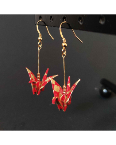 Red and golden ichimatsu origami Earrings. Gold plated silver.