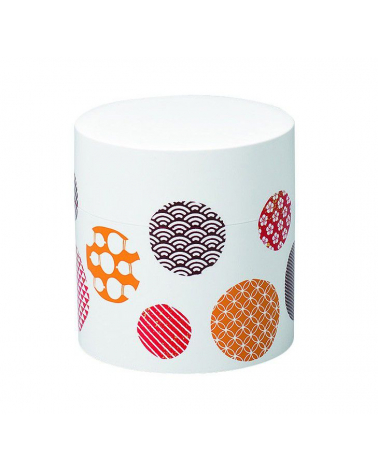 Bote para té con círculos con motivos japoneses y fondo blanco