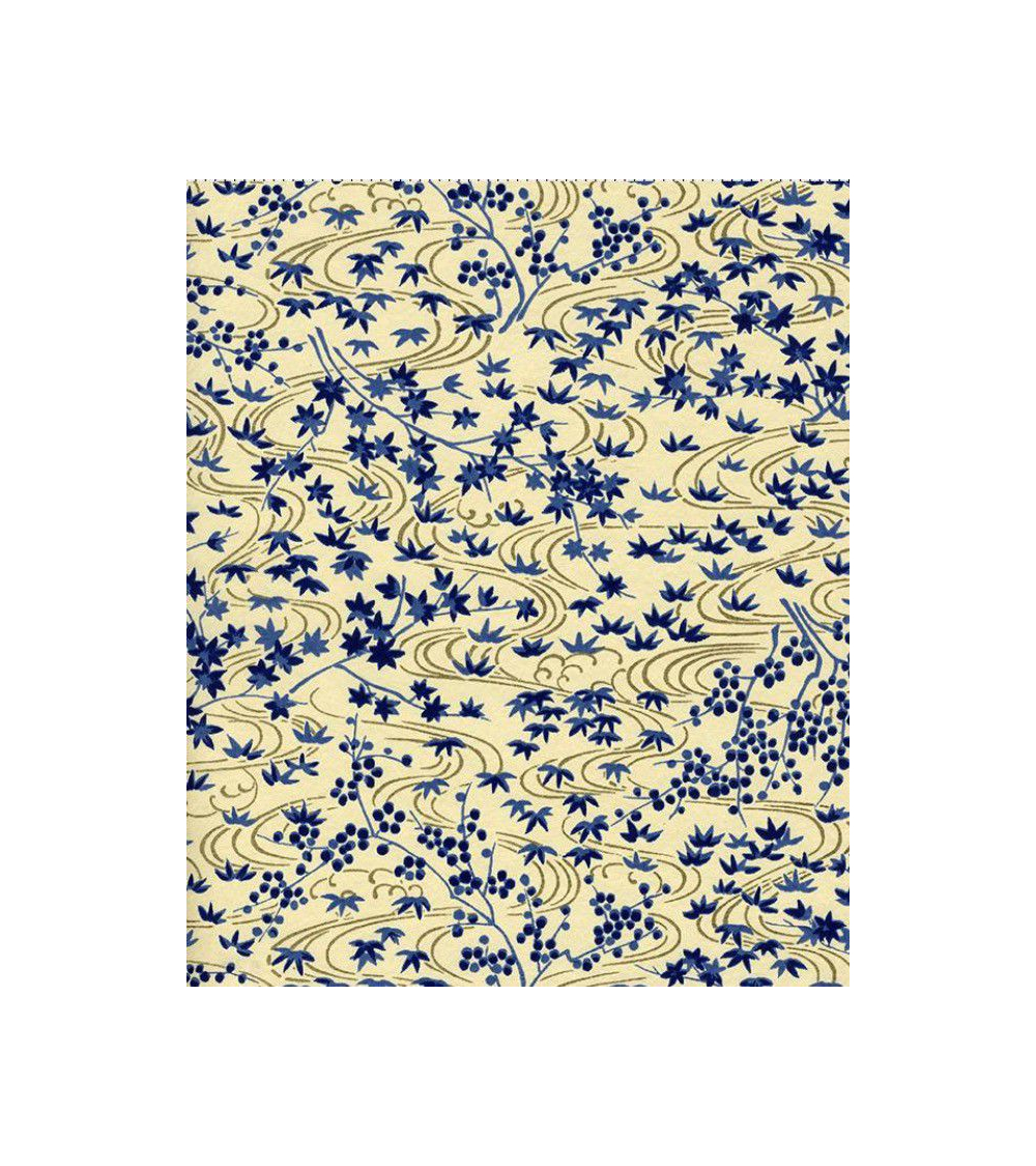 Papel Chiyogami de motivos vegetales en azul sobre fondo beige