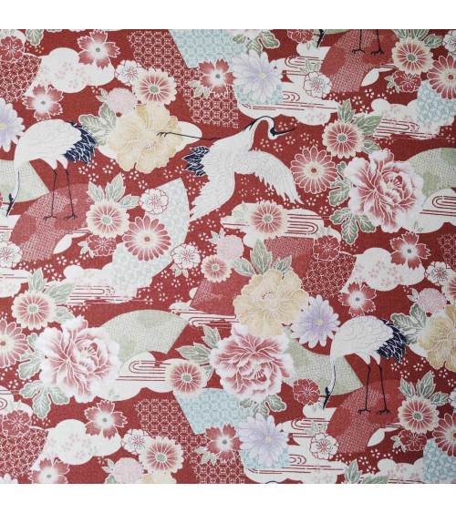Japanese fabric with cranes and flowers in red in cotton crepe.