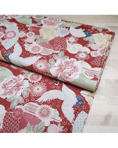Japanese fabric with cranes and flowers in red in cotton crepe.