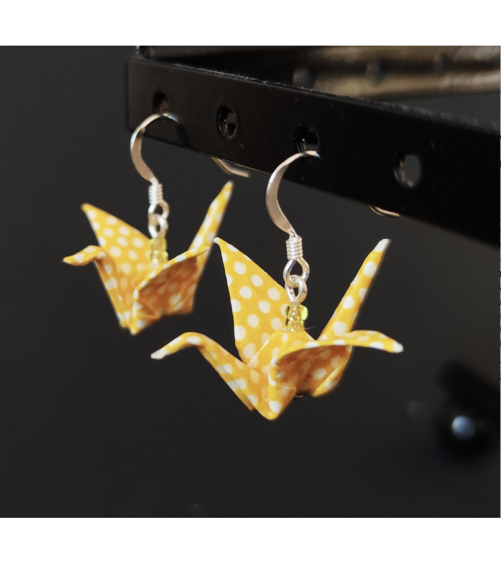 Pendientes grullas origami amarillos en plata