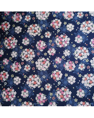 Japanese fabric with sakuras and asanoha on a blue background.