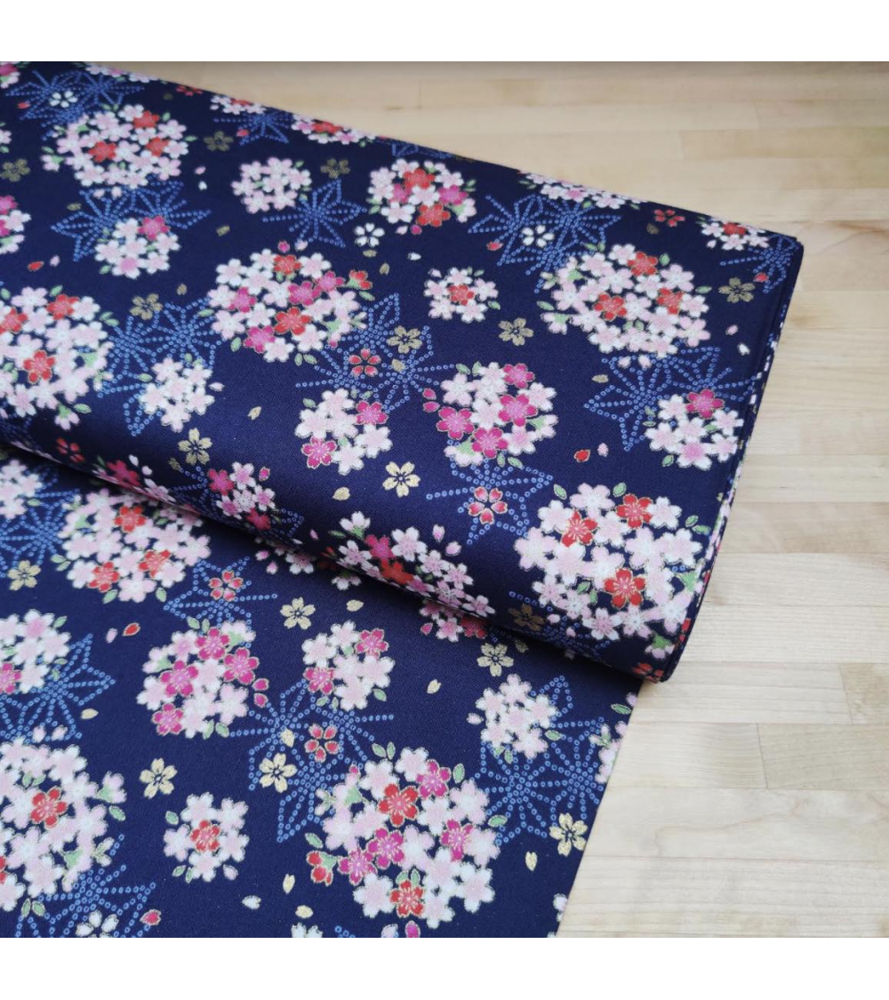 Japanese fabric with sakuras and asanoha on a blue background.